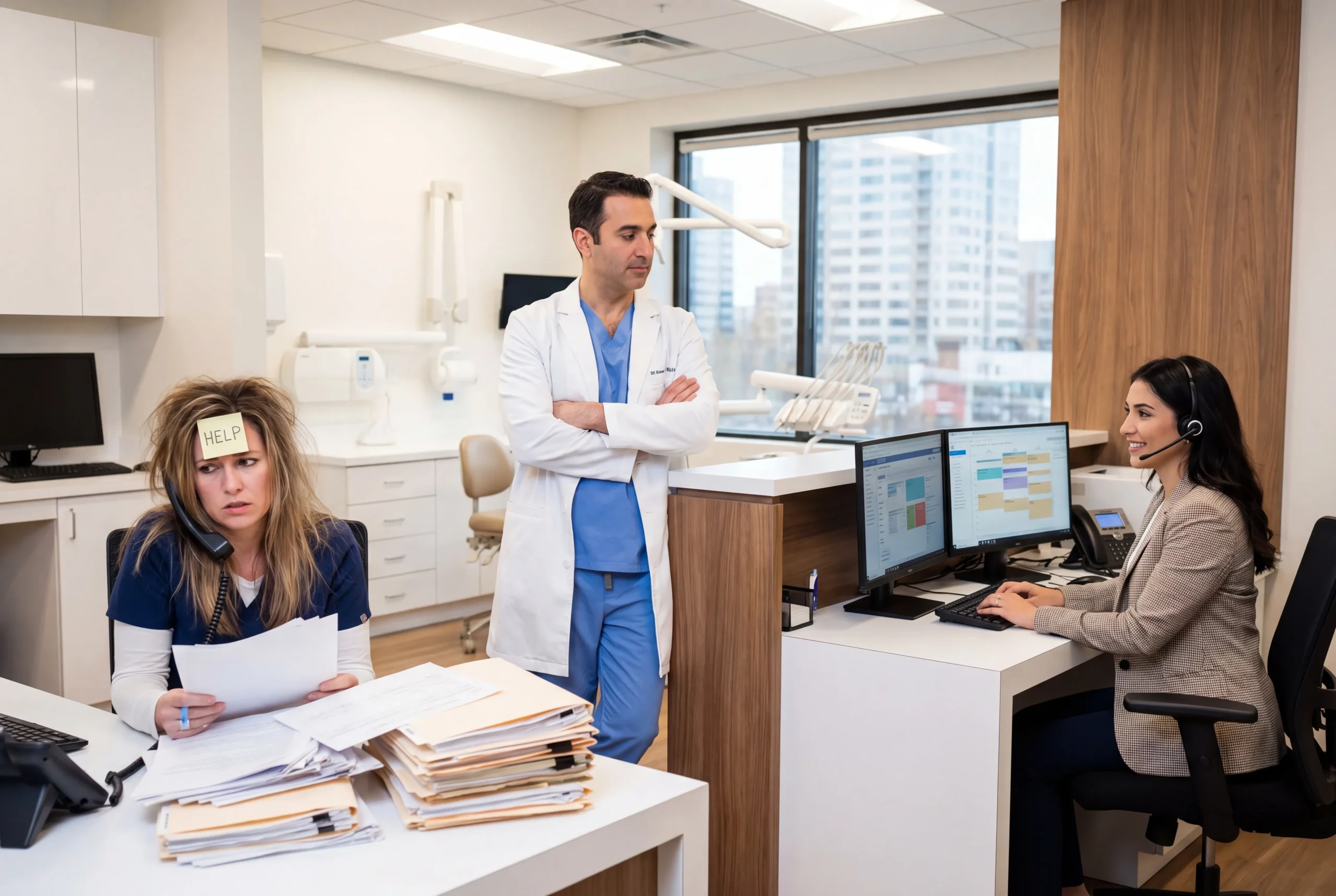 Secrétaire médicale débordée avec dossier et note “help” pendant qu’un médecin et une collègue travaillent à l’accueil d’un cabinet médical