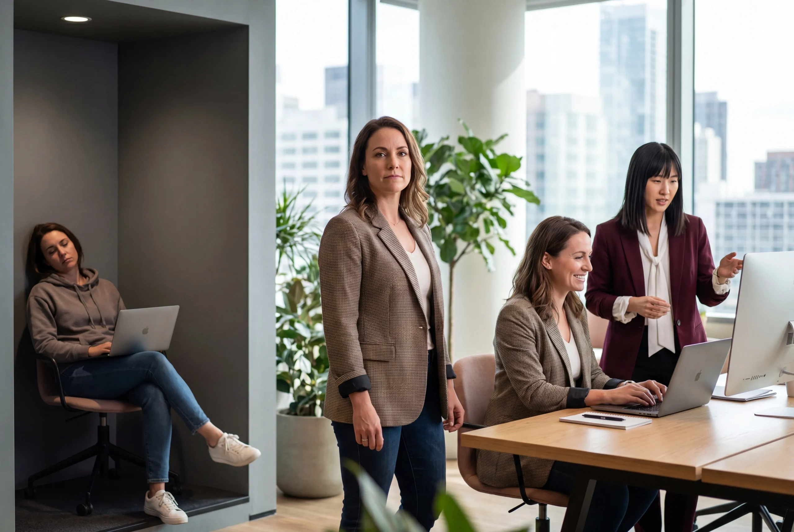Employées de bureau collaborant sur ordinateur pendant qu’une collègue fatiguée se repose à l’écart dans un espace de travail moderne